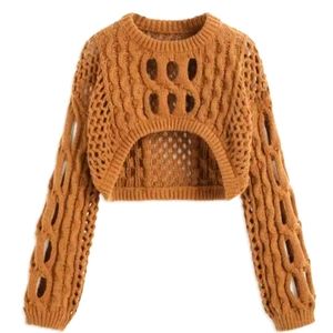 Knit Round Neckline Hollow Out Long Sleeve Top